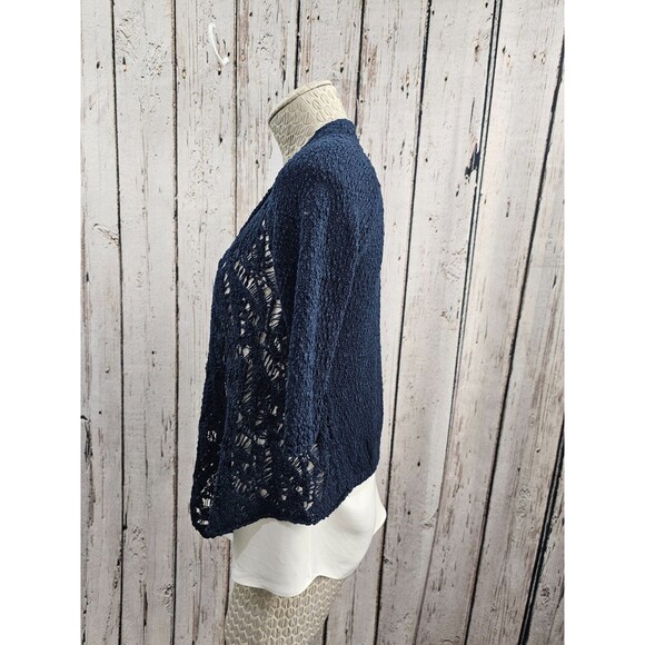 LM Women's M D. Exterior Italy Open Weave Cropped Shrug Cardigan Navy Blue EUC - Picture 2 of 5